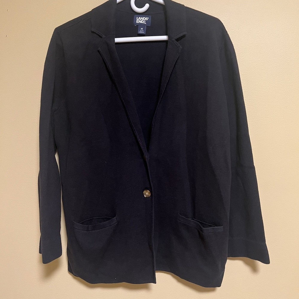 Lands End Womens Sweater Blazer Navy Blue Cardigan Office Knit Academia Preppy
